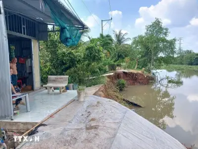 Đồng Tháp: Sạt lở hơn 20m đường ven sông Trà Lọt, giao thông bị chia cắt