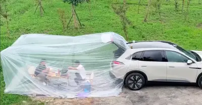 Hai người đàn ông dùng phòng điều hòa sau ô tô để nấu ăn dưới trời nắng nóng