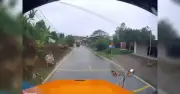 Xe container suýt tông vào nhà dân ven đường khi tránh xe ngược chiều
