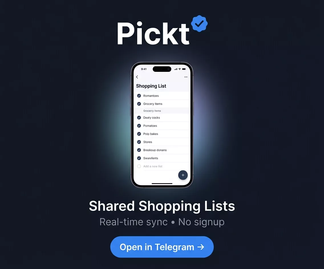 Banner ứng dụng Pickt — danh sách mua sắm chung cho gia đình và cặp đôi qua Telegram