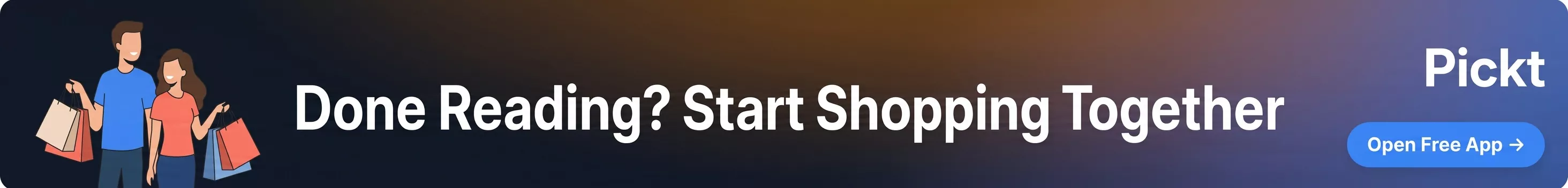 Banner sau bài viết Pickt — ứng dụng danh sách mua sắm cộng tác với hình minh họa gia đình